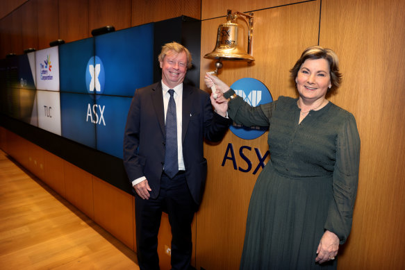 The Lottery Corporation’s chief executive officer Sue van der Merwe and chairman Steven Gregg ring the ASX bell to commemorate the first day of trading in May, 2022.