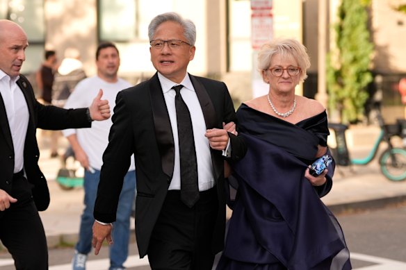 Nvidia CEO Jensen Huang and his wife Lori Huang at a state dinner for China’s President Xi Jinping at the White House last month. 