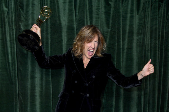 Jessica Hobbs celebrates winning an Emmy award.