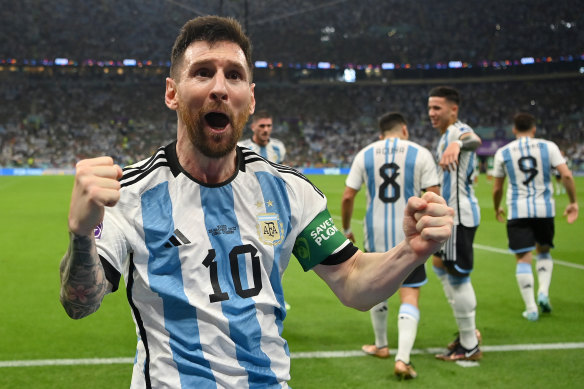 Lionel Messi of Argentina celebrates scoring his team’s first goal against Mexico in their World Cup clash.