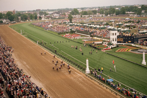 The Kentucky Derby crowd has long stretched to the inside of the track.