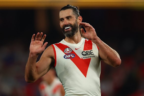 Brodie Grundy of the Swans celebrates after scoring a goal.