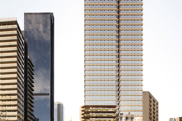 A render of developer Sterling Global’s plans for 623 Collins, a 41-storey mixed-use tower.