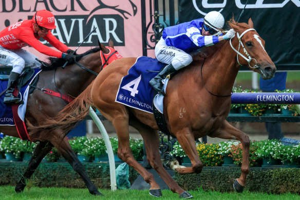 Mark Zahra rides Gytrash to victory in  the Black Caviar Lightning Stakes at Flemington.