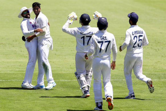 Washington Sundar, second from left, starred for India on the first day of the fourth Test. 