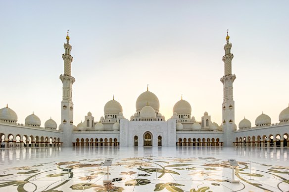 Sheikh Zayed Grand Mosque in Abu Dhabi, United Arab Emirates, is an astonishing sight. 