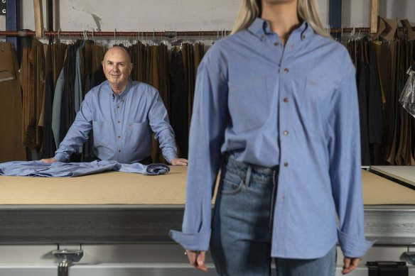 Production Manager Simon Cooke wearing the iconic 1980s Country Road chambray shirt, which is being reissued. He was also the production manager when it was around in the 1980s. 