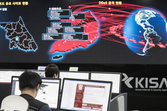 South Korea’s Internet and Security Agency monitors possible cyber attacks during the global Wannacry attack launched by North Korea in 2017.