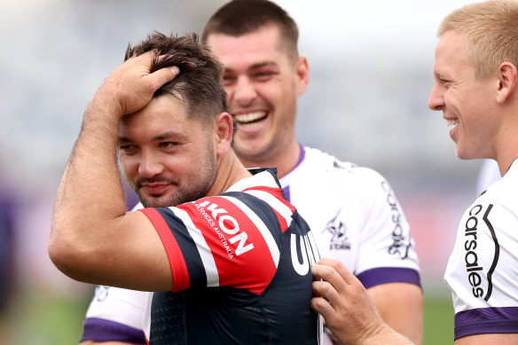 Brandon Smith with former Storm teammates after a trial earlier this month.