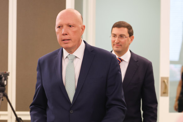 Opposition Leader Peter Dutton arriving for today’s press conference on the National Anti-Corruption Commission. 