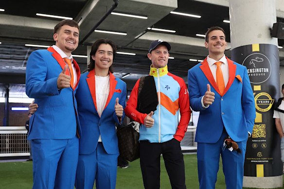 Luke Klein, Luke Collinson, jockey Zac Purton and Max Uz before the trial.