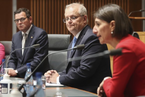 Premiers Daniel Andrews and Gladys Berejiklian with Prime Minister Scott Morrison at a national cabinet meeting last year.