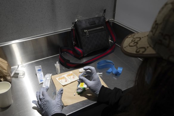 A safe injecting demonstration in the medically supervised injecting room in Richmond.