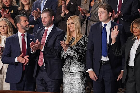 From left: Tiffany Trump, Donald Trump Jr, Eric Trump, Ivanka Trump, Barron Trump and first lady Melania Trump.