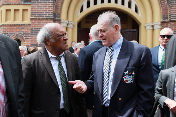 Qele Latu (left) David Campese (right) were among rugby greats on hand at Jeff Sayle's funeral.
