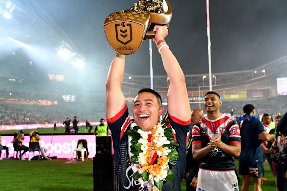 Siosiua Taukeiaho celebrates the Roosters 2019 grand final win.
