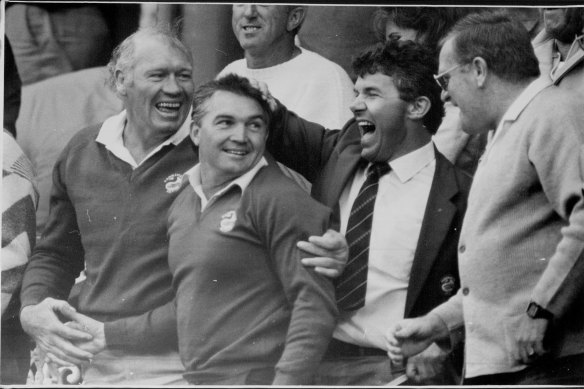 John Monie celebrates as the final whistle sounds in the 1986 grand final.