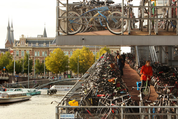 A bike parking facility at Amsterdam Centraal train station.