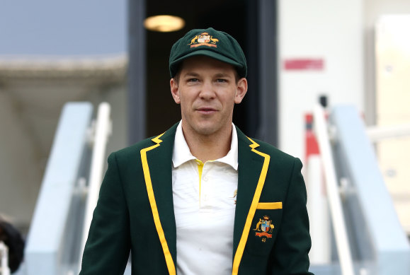 Tim Paine walks out for the coin toss against Pakistan in 2018.