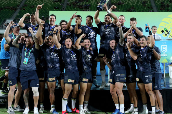 The Cowboys celebrate their NRL Nines success in Perth on Saturday night.