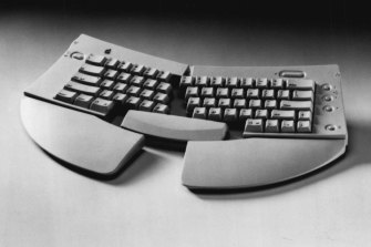 Apple's Adjustable Keyboard, 1993.  Such keyboards are said to make typing more comfortable, but the company stopped short of claiming they would help in cases of repetitive strain injury.