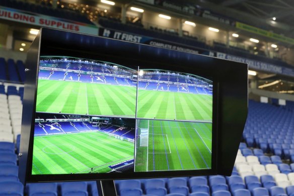 Rear window: A view of the Video Assistant Referee (VAR) system pitchside, as trialled in the FA Cup.
