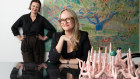 Gallerists Joanna Strumpf (left) and Ursula Sullivan with a shimmering pink ceramic piece by sculptor Linda Draper.