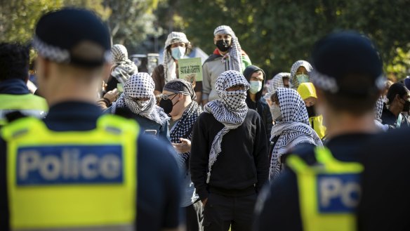Police attended the University of Melbourne when pro-Israel supporters marched through to confront the pro-Palestine camp last week.