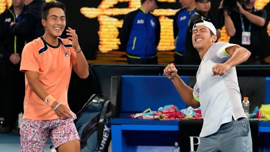 Jubilant: Australia’s dynamic duo Rinky Hijikata and Jason Kubler celebrate their win.