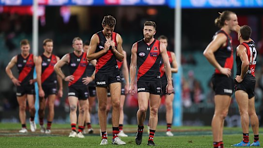 Essendon leave the field after the loss to Sydney.