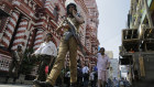 A Sri Lankan police officer patrols outside a mosque in Colombo on Wednesday.