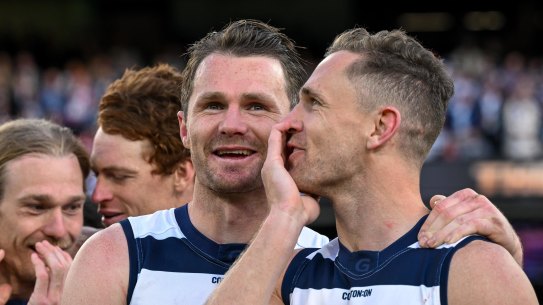 Patrick Dangerfield wants skipper Joel Selwood to play on, the pair enjoying Saturday’s premiership against Sydney.