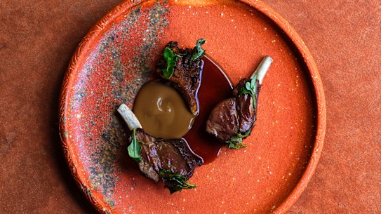 A dish of kangaroo and maitake mushroom.