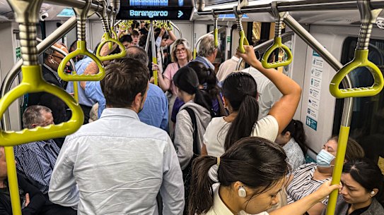 A city-bound peak hour service on the M1 metro line between Crows Nest and the CBD on Monday morning. 