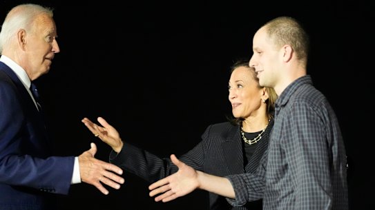 President Joe Biden and Vice President Kamala Harris greet reporter Evan Gershkovich at Andrews Air Force Base after he was freed in a prisoner swap.