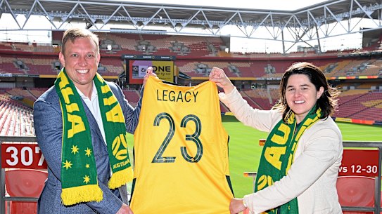 Deputy Premier Steven Miles and Football Australia’s Sarah Walsh talking ‘legacy’ at Suncorp Stadium on Wednesday.