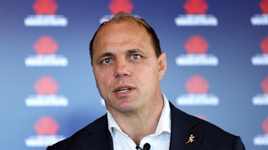 SYDNEY, AUSTRALIA - NOVEMBER 14: Rugby Australia CEO Phil Waugh speaks to the media during a Rugby Australia & New South Wales Rugby Union Media Opportunity at Daceyville on November 14, 2023 in Sydney, Australia. (Photo by Brendon Thorne/Getty Images)