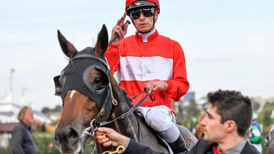 Ben Melham after riding Sacramento to victory in the VRC St Leger on Saturday.  