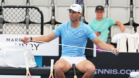 Rafael Nadal prepares for a training session at the Brisbane International.