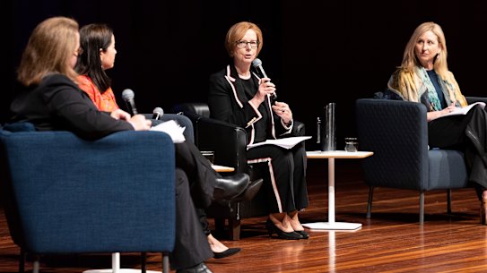 Former Prime Minister Julia Gillard, second from right, discusses gender equality and pay gaps with experts including Mary Wooldridge and Geraldine Chin Moody.