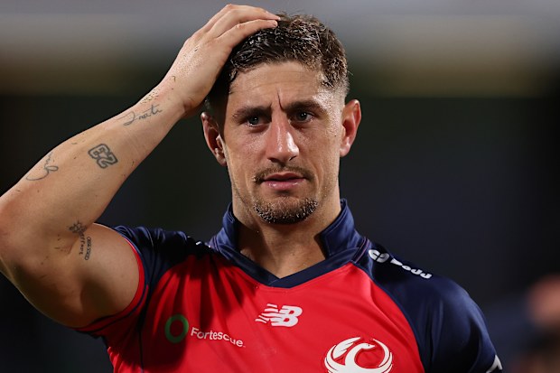 PERTH, AUSTRALIA - MAY 16: Zac Lomax of the Force looks on following the round 14 Super Rugby match between Western Force and Queensland Reds at HBF Park, on May 16, 2026, in Perth, Australia. (Photo by Paul Kane/Getty Images)