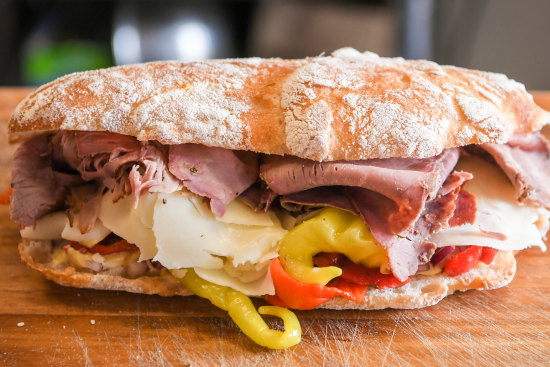 Il Manzo, a ciabatta stuffed with roast beef, Dijon mustard and green pickled chilli, at Stefanino Panino.