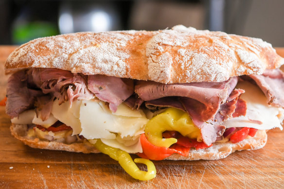 Il Manzo, a ciabatta stuffed with roast beef, Dijon mustard and green pickled chilli, at Stefanino Panino.