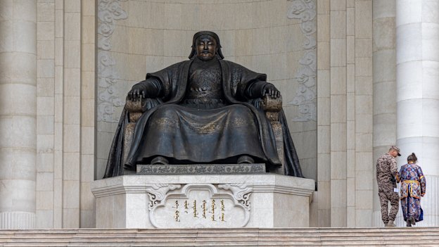 A bronze statue of  Genghis Khan at the Government Palace, Mongolia.