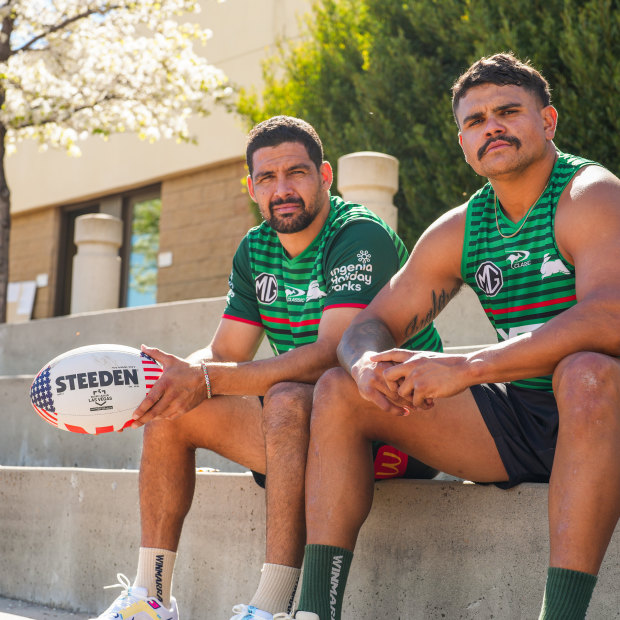 Cody Walker and Latrell Mitchell in San Diego with the special edition American Steeden to be used in Las Vegas next week.