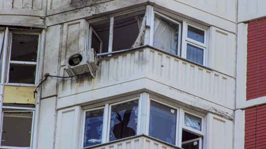 Part of an apartment building which was reportedly damaged by Ukrainian drone in Moscow, Russia, on Tuesday.