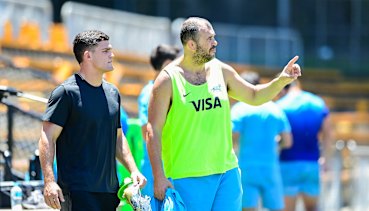 Nathan Cleary (left) and Michael Cheika  watch on at Argentina training in Sydney on Thursday. 