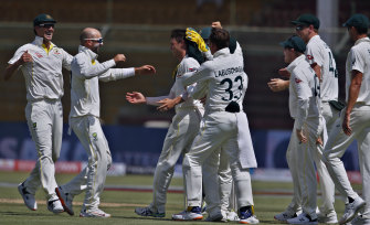 Mitchell Swepson celebrates the run out of Abdullah Shafique in the second Test.