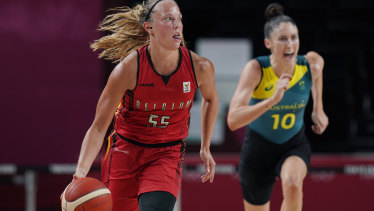 Belgium’s Julie Allemand moves the ball up court against Australia.