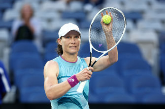 Sam Stosur celebrates her first-round victory at the Australian Open on Tuesday.